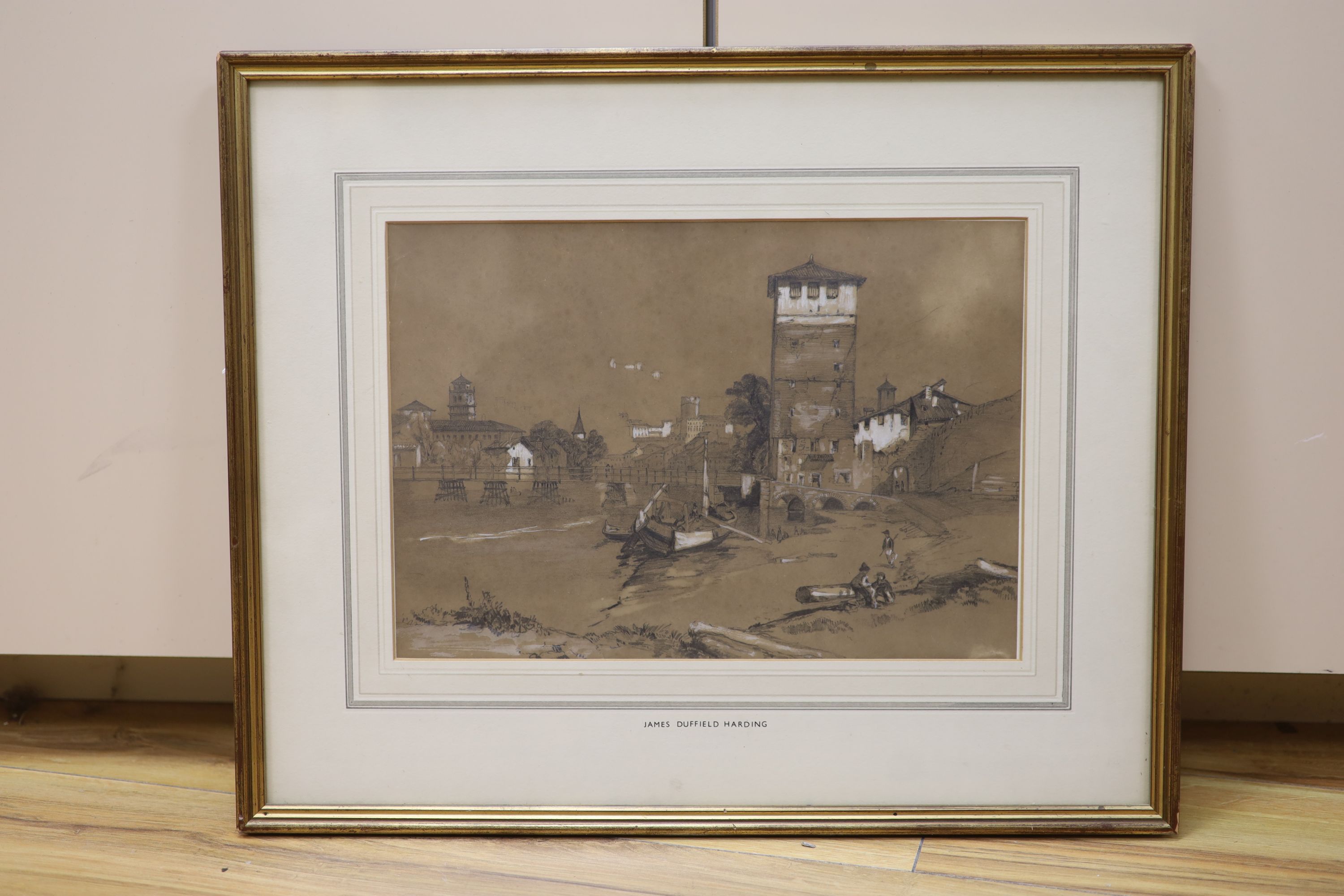 Attributed to James Duffield Harding, pencil heightened with wash, Continental riverside town, 23 x 33cm